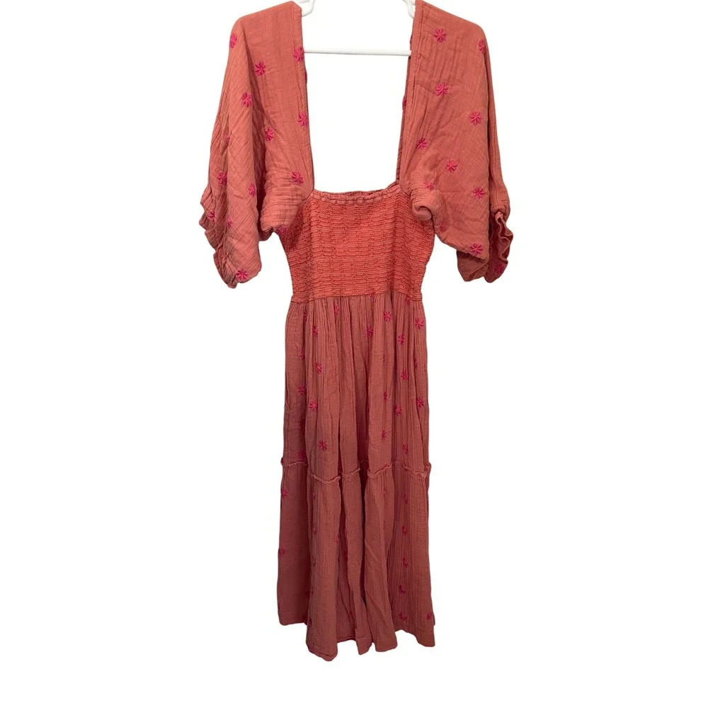 Free People XL Dahlia Embroidered Maxi Dress Coral Pink Smocked Puff Sleeve